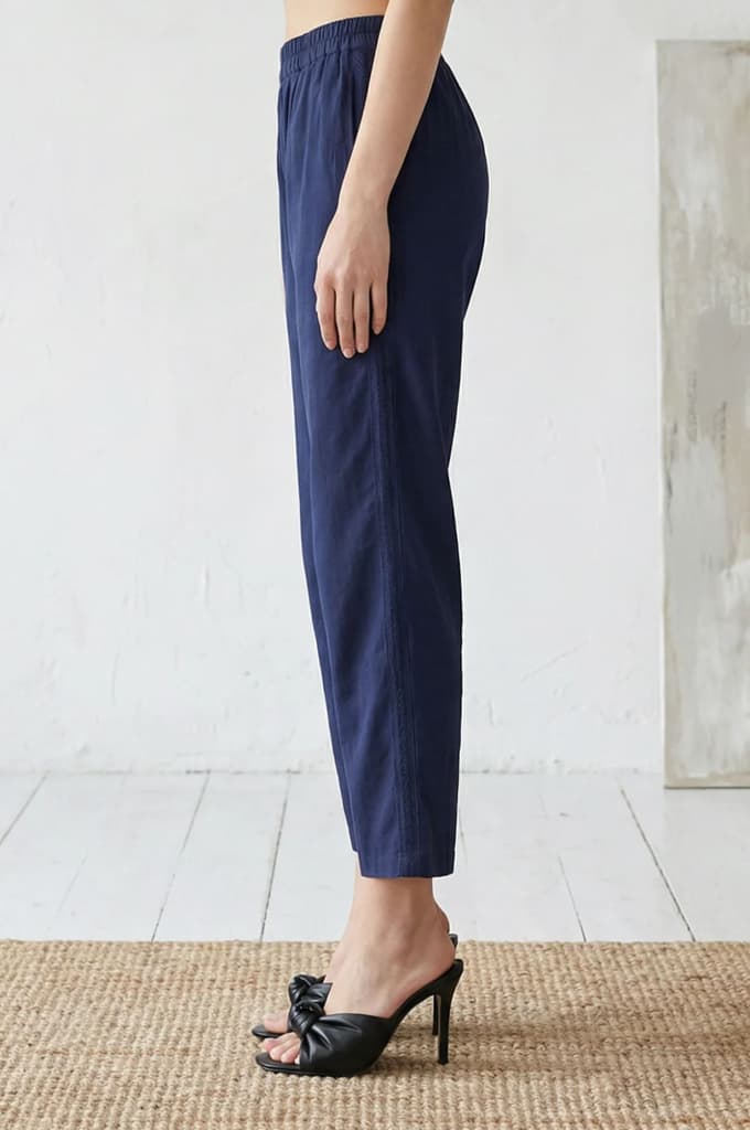 Navy Blue Cotton Flax Ankle Length Relaxed Pants — photo 2