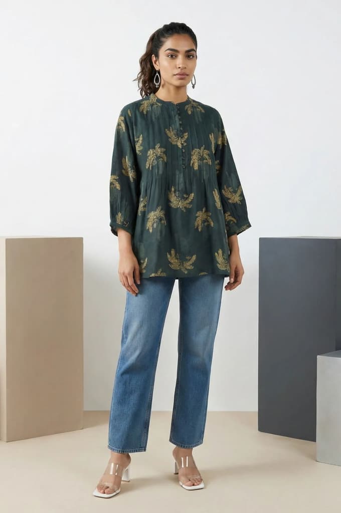Green Block Botanical Printed Pure Cotton Flared Top — photo 2