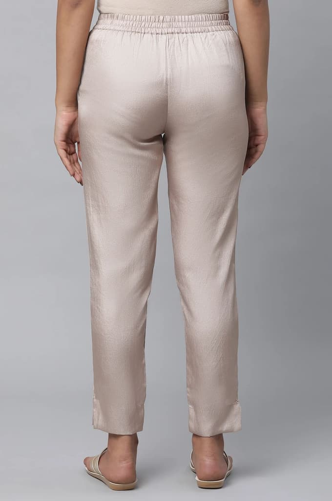 Gold Solid Straight Fit Satin Pants With Elasticated Waist — photo 2