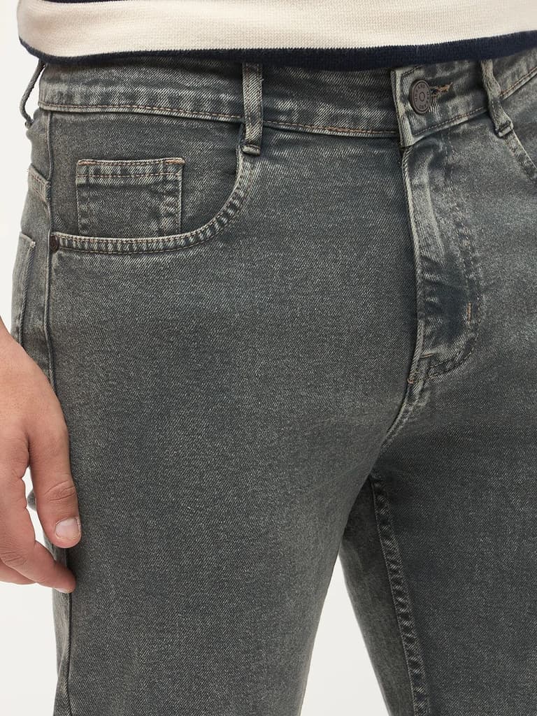 Men's Grey Regular Fit Towel Washed Yellow Tint Denim Jeans Stretchable — photo 7