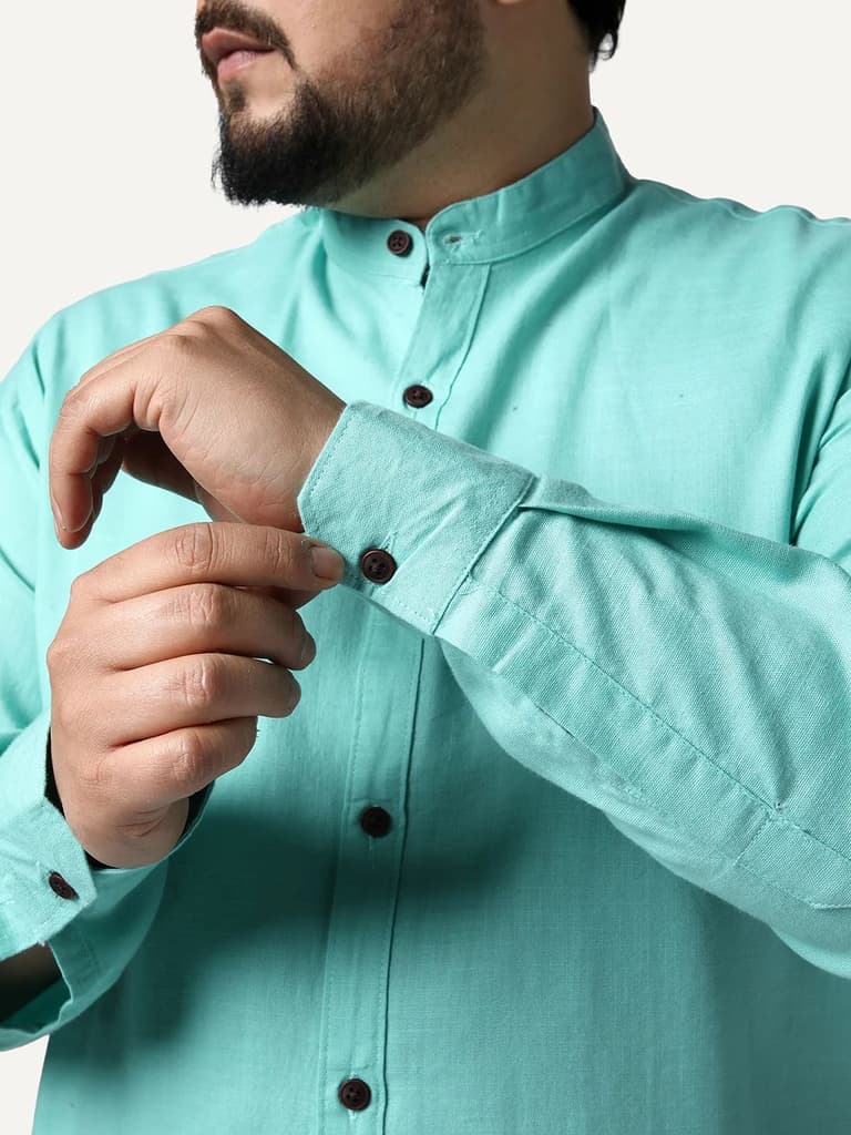 Plus Men's Light Teal Linen Blend Full Sleeve Relaxed Fit Mandarin Collar Casual Solid Shirt — photo 5