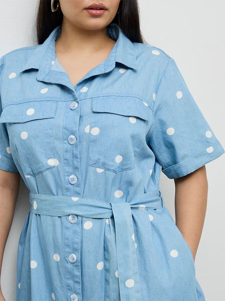 Gia Blue Polka Dotted Cotton Shirt Dress with Belt — photo 3