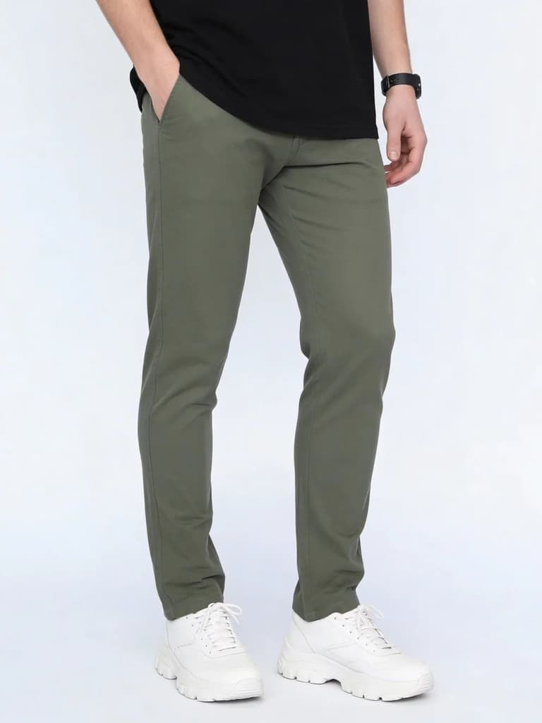 Men's Sage Green Straight Fit Mid Rise Cotton Casual Chinos Trousers Stretch — photo 2