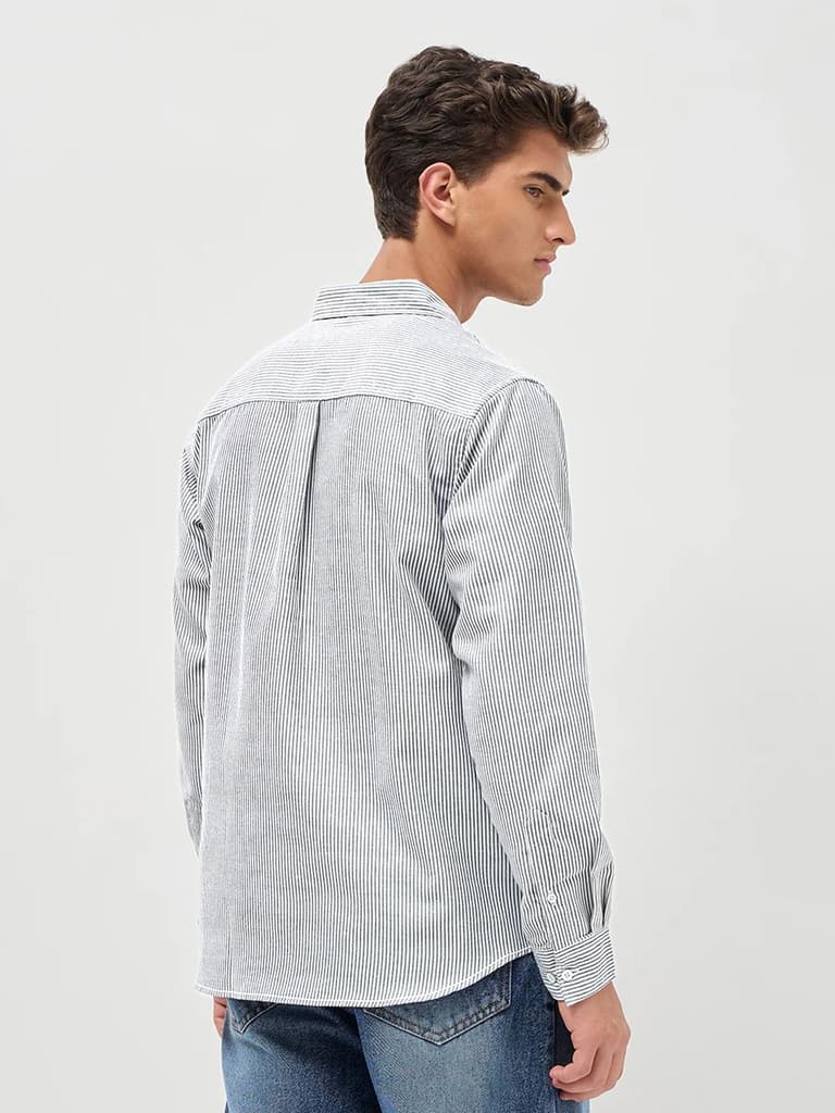 Men's Light Grey Cotton Full Sleeve Regular Fit Casual Striped Shirt — photo 4