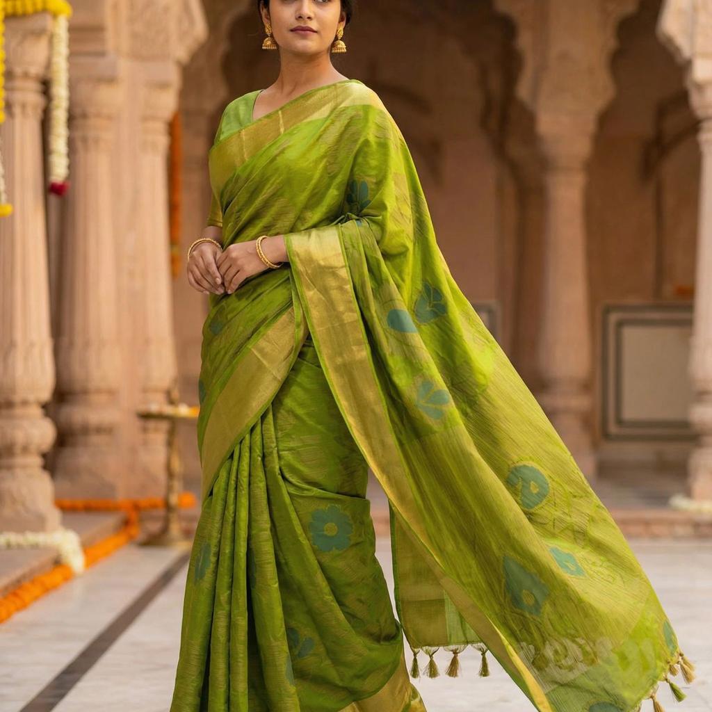 MIMOSA Women's Woven Design Mysore Silk Style Crepe Saree with Blouse Piece - Olive ( SA00003135OLFREE )