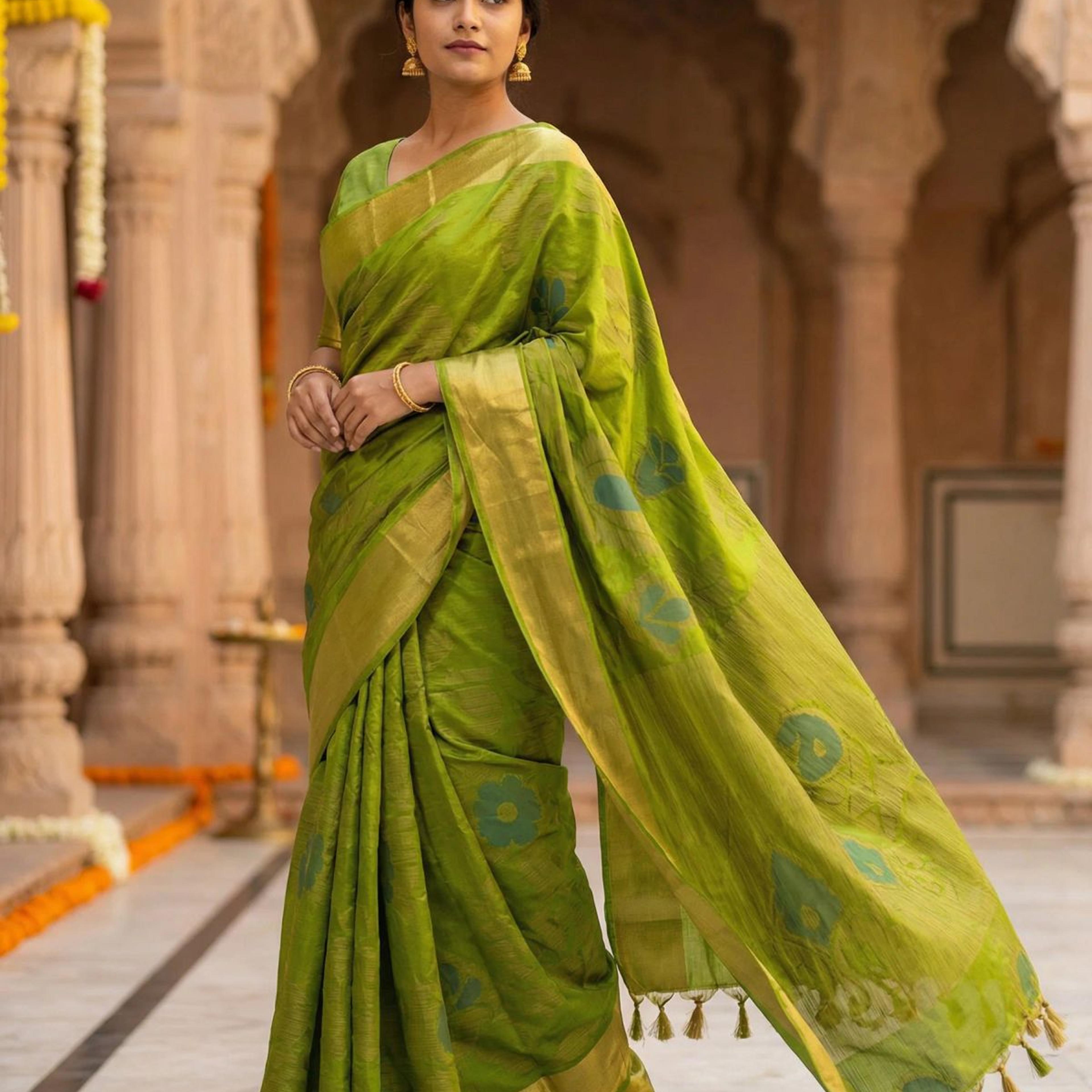 MIMOSA Women's Woven Design Mysore Silk Style Crepe Saree with Blouse Piece - Olive ( SA00003135OLFREE )