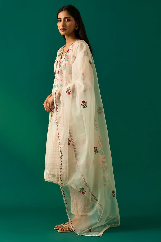 Off-White Floral Embroidered Anarkali Kurta with Straight Pant and Dupatta Set — photo 3