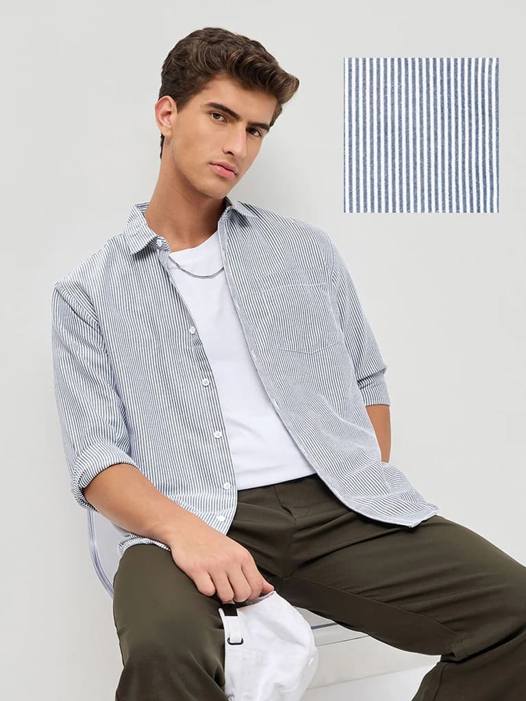 Men's Dark Blue Cotton Full Sleeve Regular Fit Casual Striped Shirt — photo 2