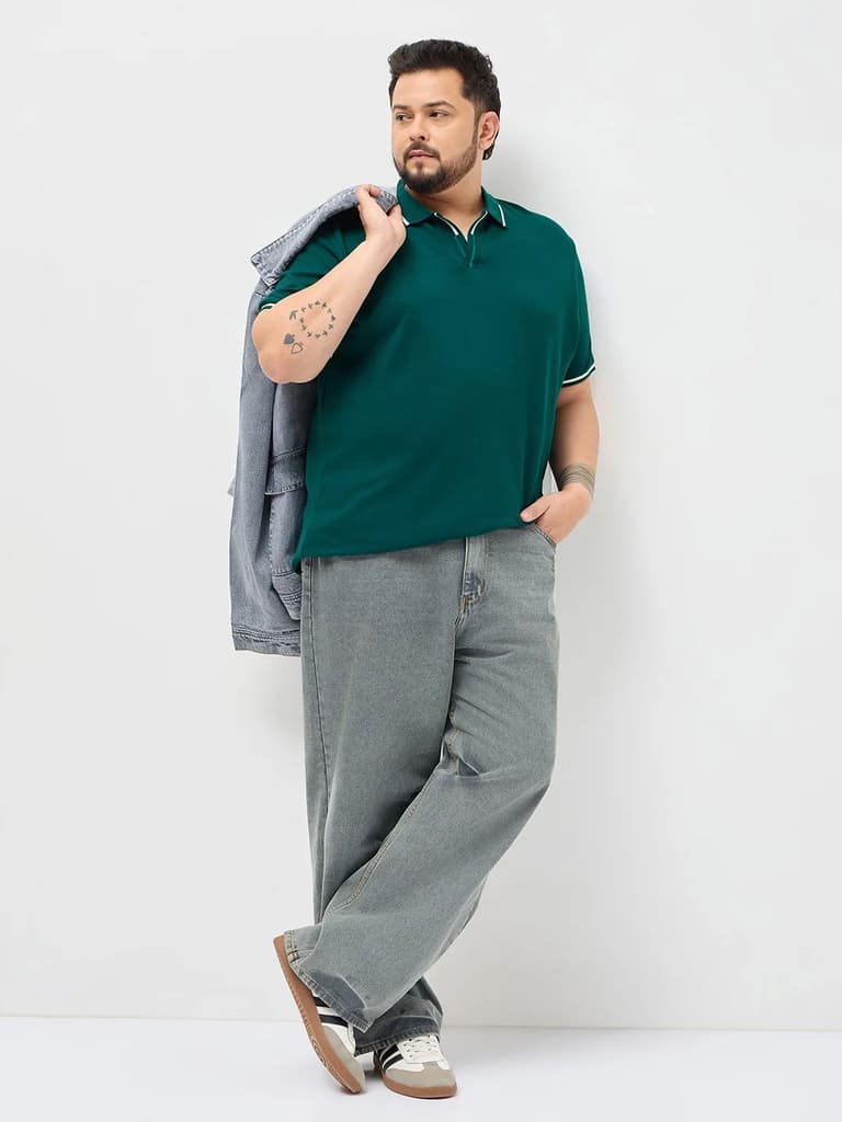 Plus Men's Teal Green Solid Regular Fit Half Sleeve Cotton Polo T-Shirt — photo 4