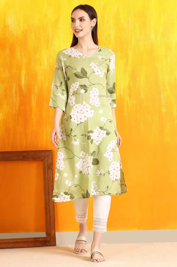 Green Bold Floral Printed Modal Straight Kurta — photo 3