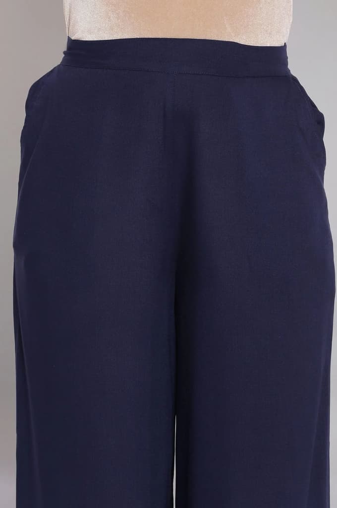 Navy Blue Solid Straight Fit Tencel Palazzo With Elasticated Waist — photo 6