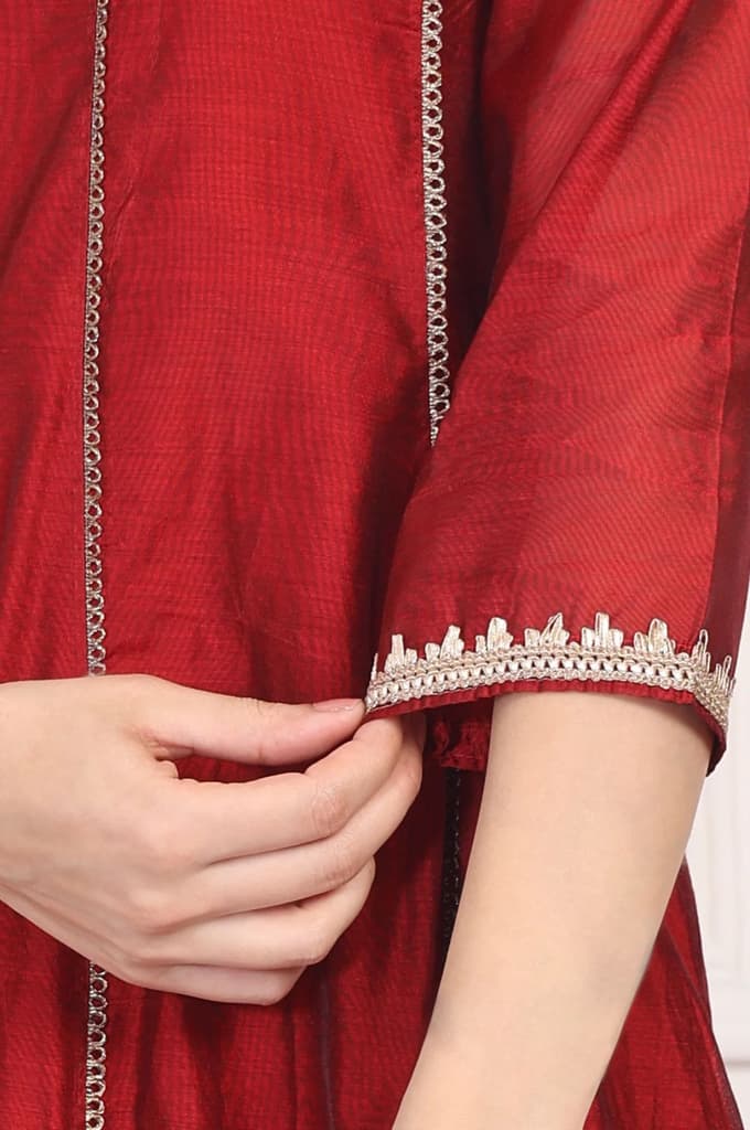Maroon Embroidered Anarkali Art Silk Kurta with Straight Pant and Dupatta Set — photo 7