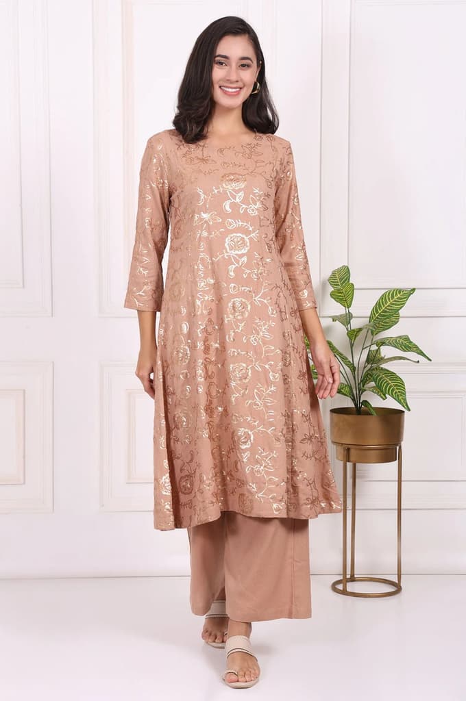 Brown Floral Printed Sequins Straight Rayon Kurta with Flared Pants Set — photo 2