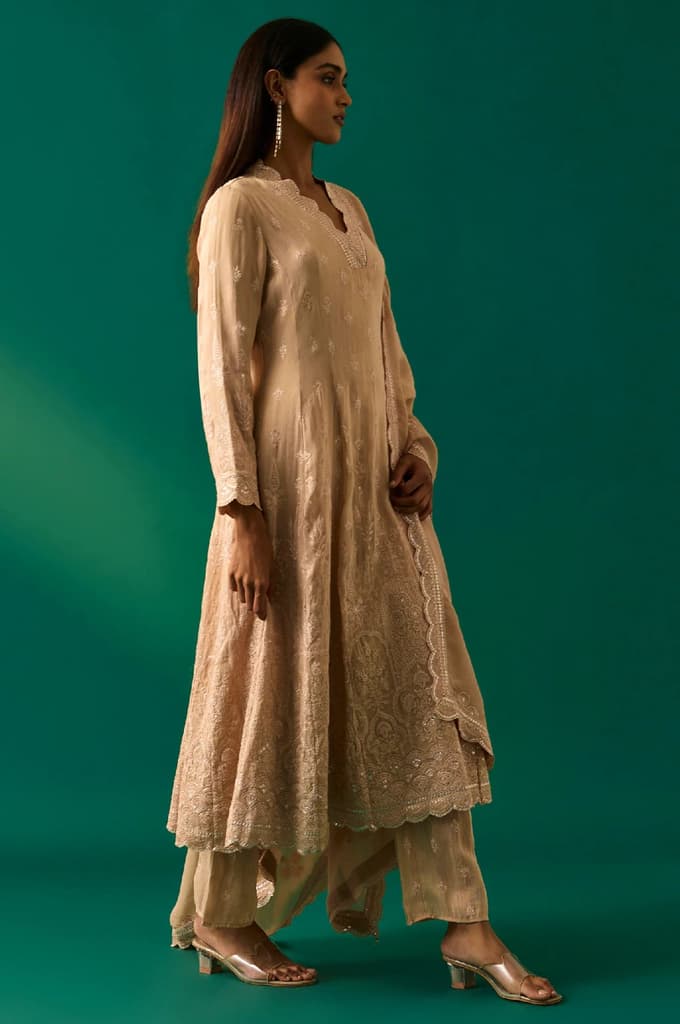 Beige Embroidered Anarkali Kurta with Straight Pant and Dupatta Set — photo 5