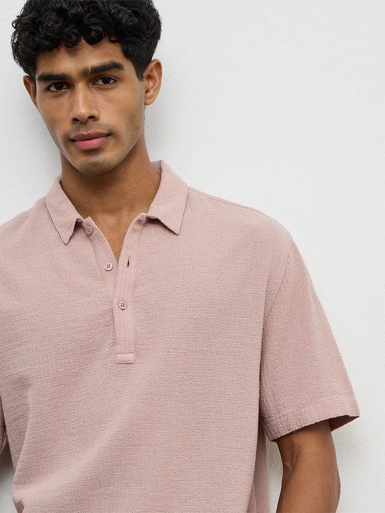ETA Dusty Pink Textured Relaxed-Fit Cotton Polo T-Shirt — photo 4