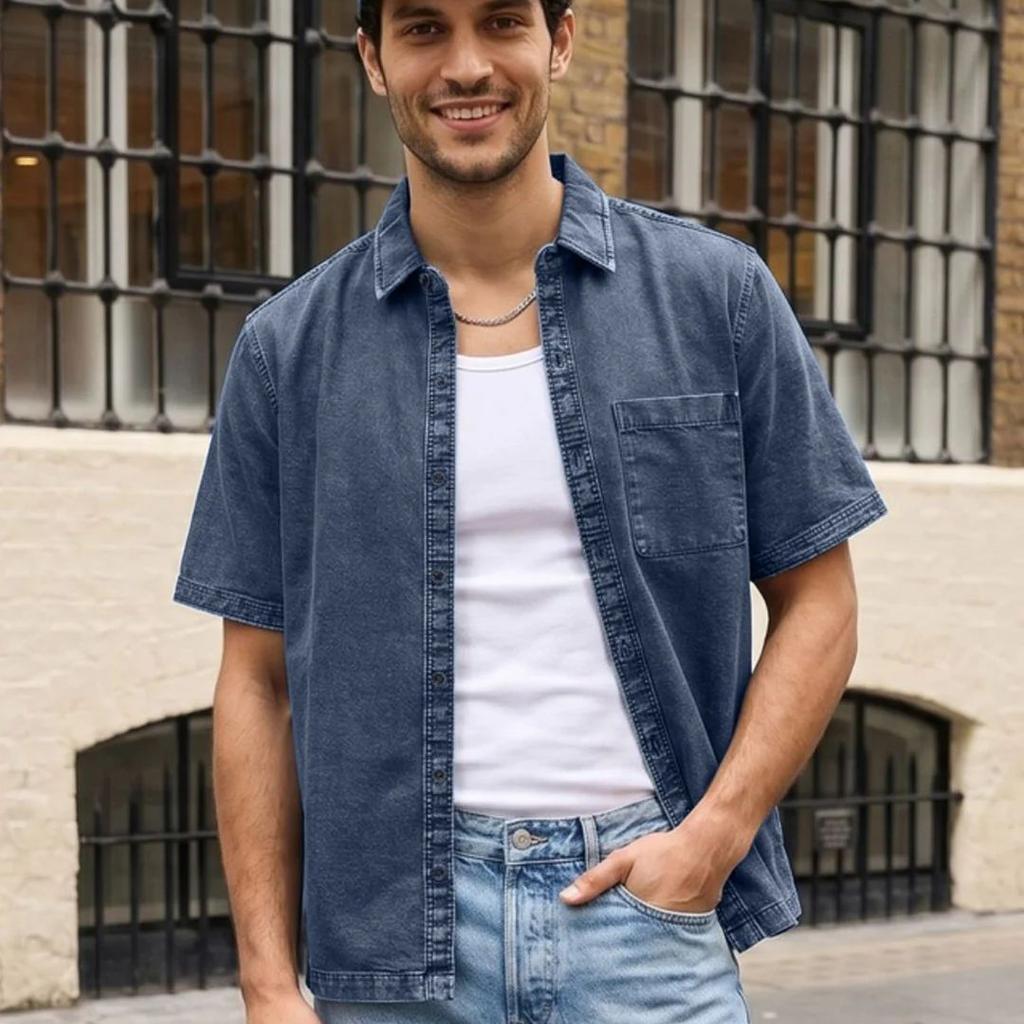 Men's Blue Oversized Fit Half Sleeve Solid Casual Denim Shirt