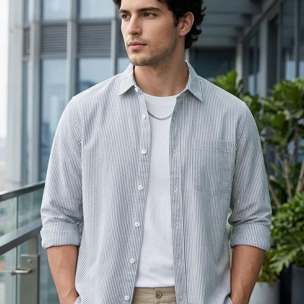 Men's Dark Blue Cotton Full Sleeve Regular Fit Casual Striped Shirt