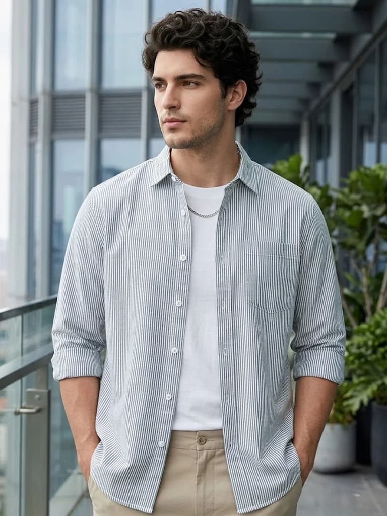 Men's Dark Blue Cotton Full Sleeve Regular Fit Casual Striped Shirt — S / Dark Blue