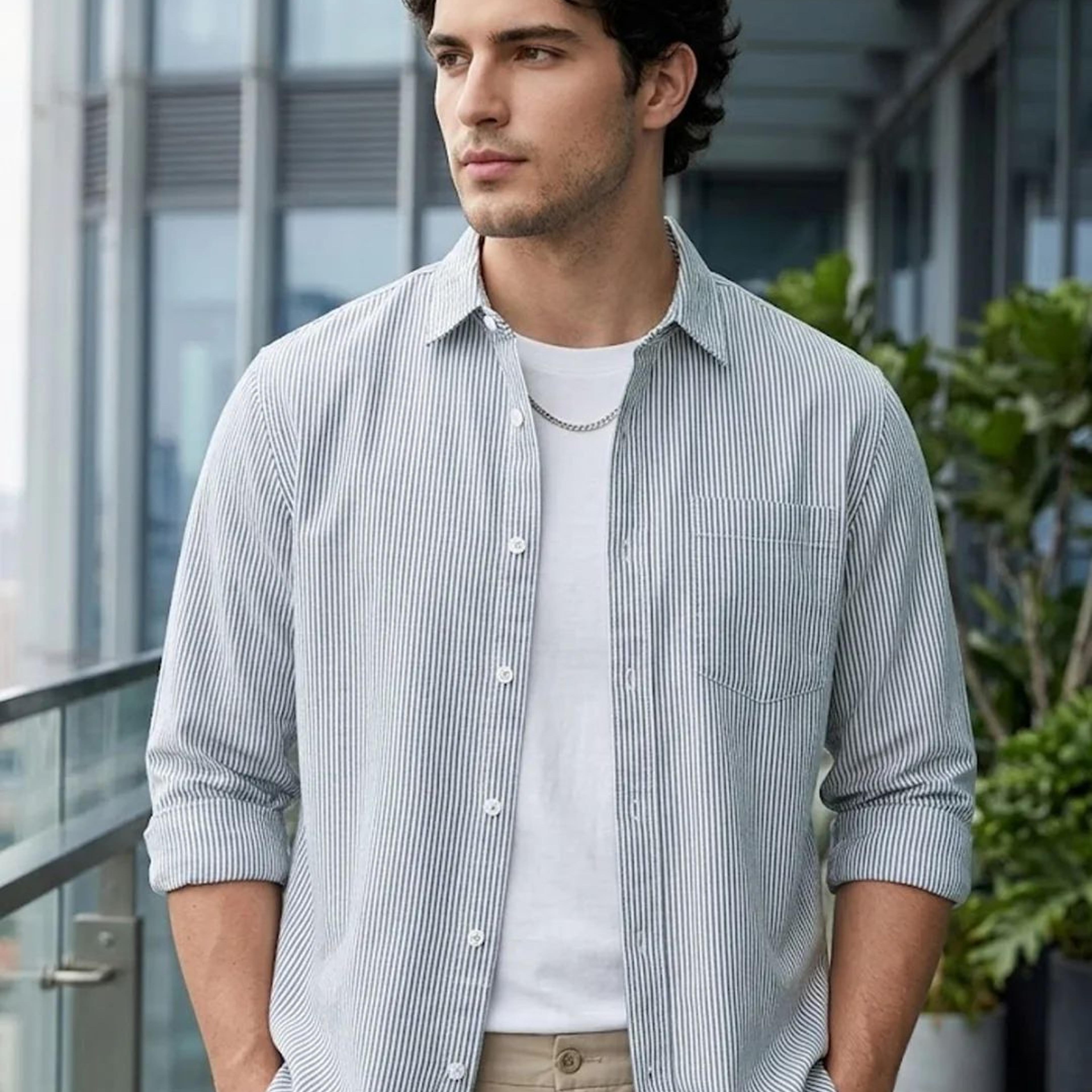 Men's Dark Blue Cotton Full Sleeve Regular Fit Casual Striped Shirt