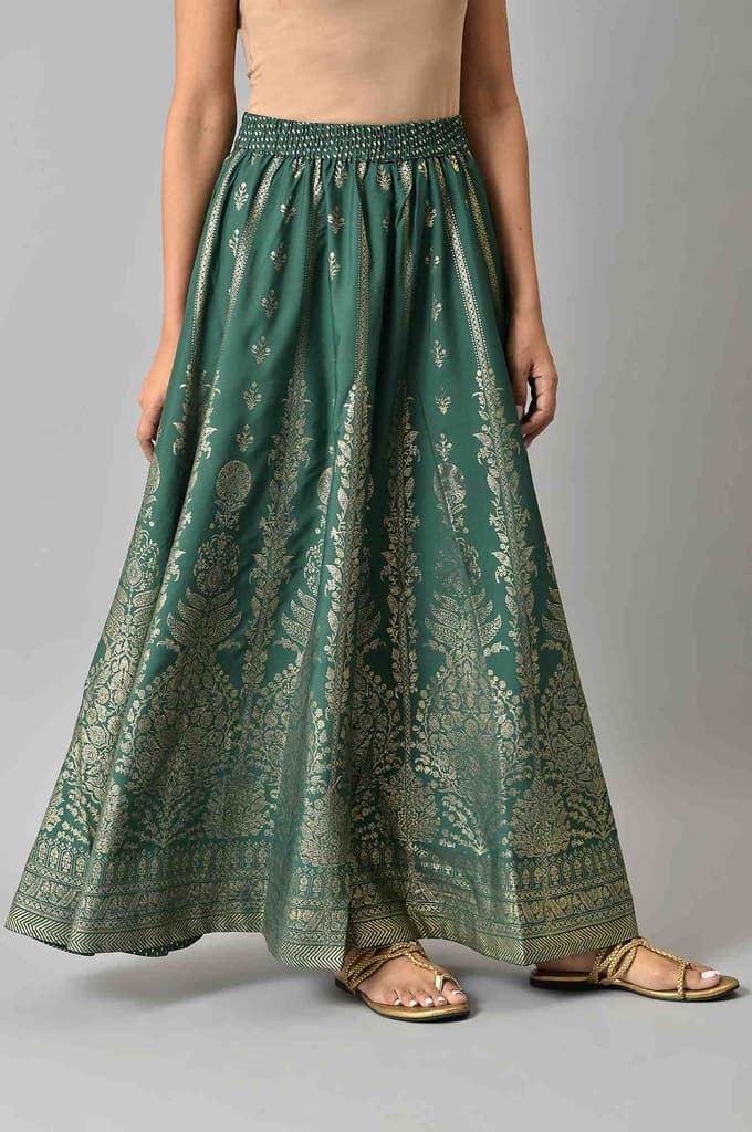 Green Floral Printed Flared Woven Skirt With Elasticated Waist — photo 4