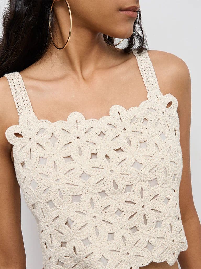 Bombay Paisley Off-White Crochet Embroidered Cotton Top — photo 3