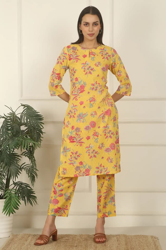 Yellow Floral Printed Swiss Dot Cotton Straight Kurta and Pants Co-ord Set — photo 2