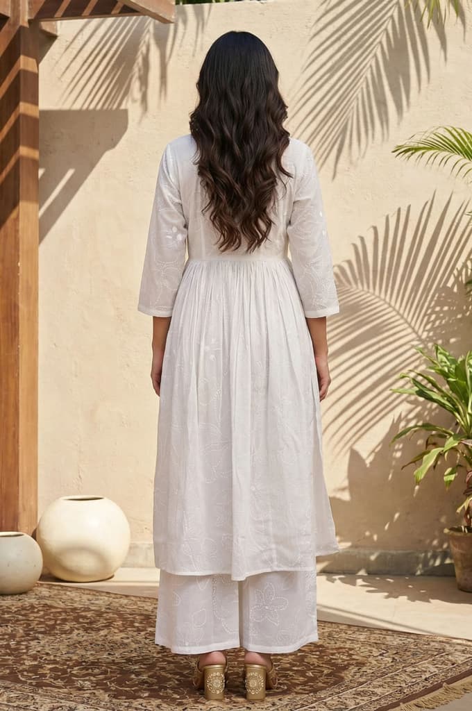 White Chikankari Pure Cotton Flared Kurta with Parallel Pants Set — photo 4
