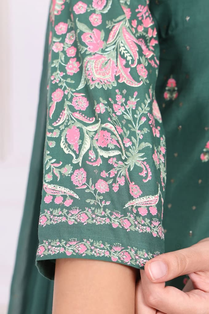 Green Floral Printed Embroidered Straight Cotton Kurta with Sharara and Dupatta Set — photo 7