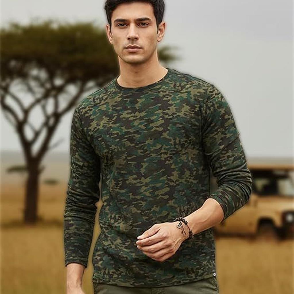 Men's Olive Green, Khaki Military Camouflage Printed Slim Fit Full Sleeve Cotton T-Shirt