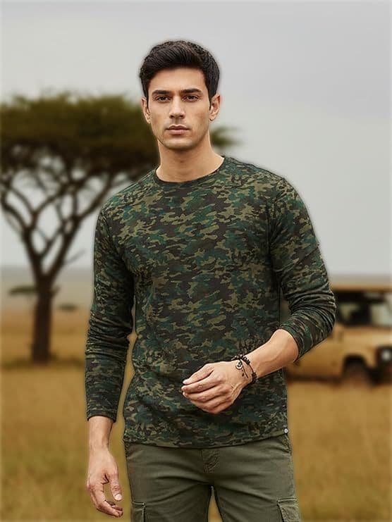 Men's Olive Green, Khaki Military Camouflage Printed Slim Fit Full Sleeve Cotton T-Shirt — S / Olive