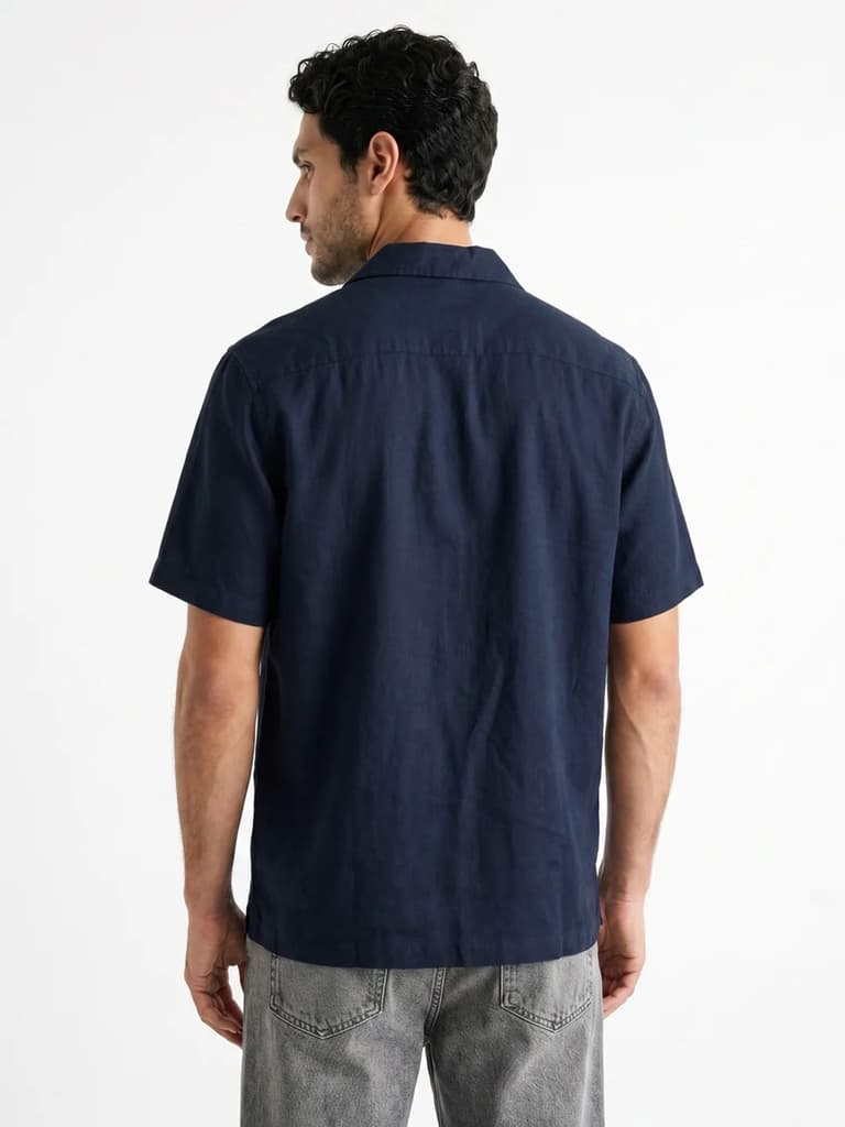 Men's Navy Linen Half Sleeve Oversized Fit Shirt with Cuban Collar — photo 3