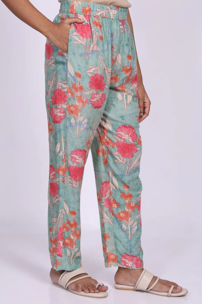Green Floral Printed Modal Straight Kurta with Straight Pant Set — photo 7