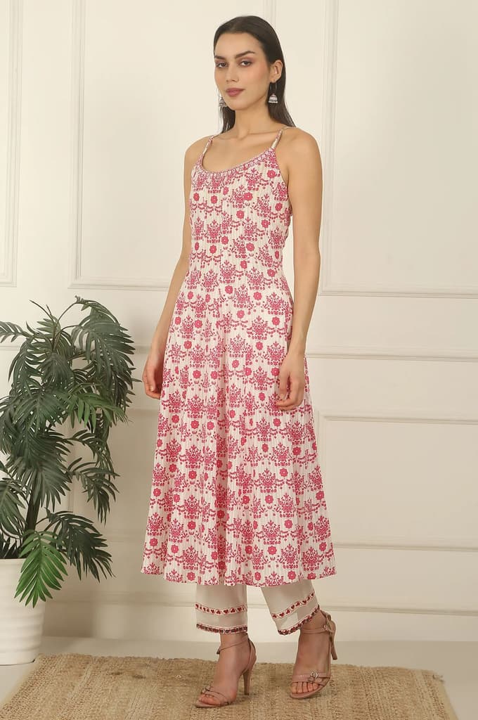 White and Pink Printed Cotton Lurex Anarkali Spaghetti Kurta, Pants and Dupatta Set — photo 5