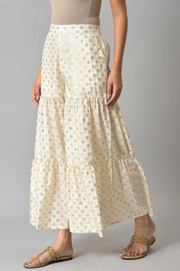 White Floral Printed Flared Silk Palazzo With Elasticated Waist — photo 3