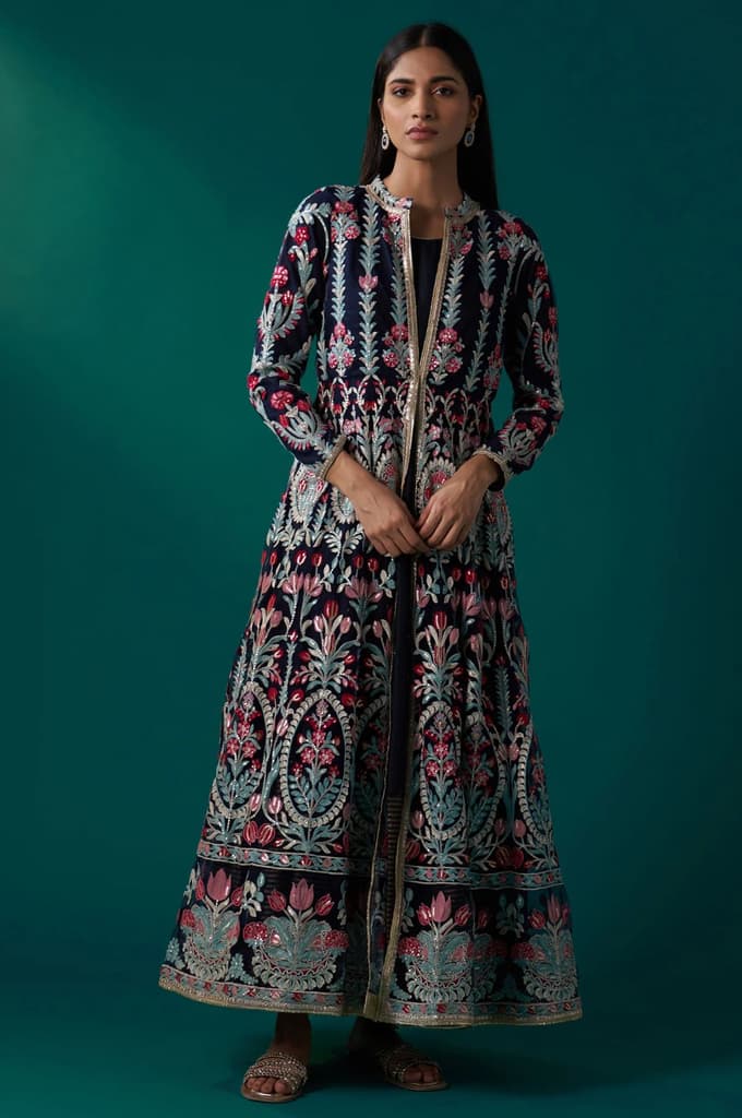 Navy Blue Aari Embroidery Panelled Jacket and Sleeveless Anarkali Dress Set — photo 3