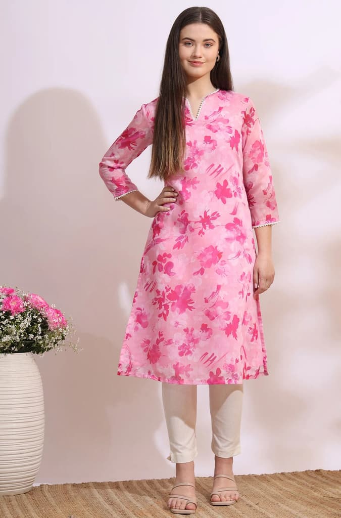 Pink Bold Floral Printed Pure Cotton Straight Kurta with Lace — photo 3
