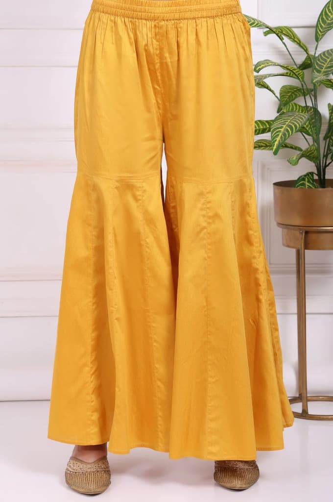 Yellow Embroidered Straight Jacquard Kurta with Sharara and Dupatta Set — photo 8