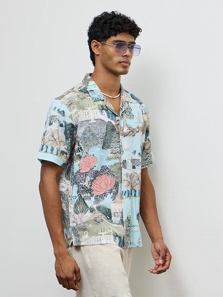 ETA Light Teal Scenic Printed Relaxed-Fit Cotton Shirt — photo 2