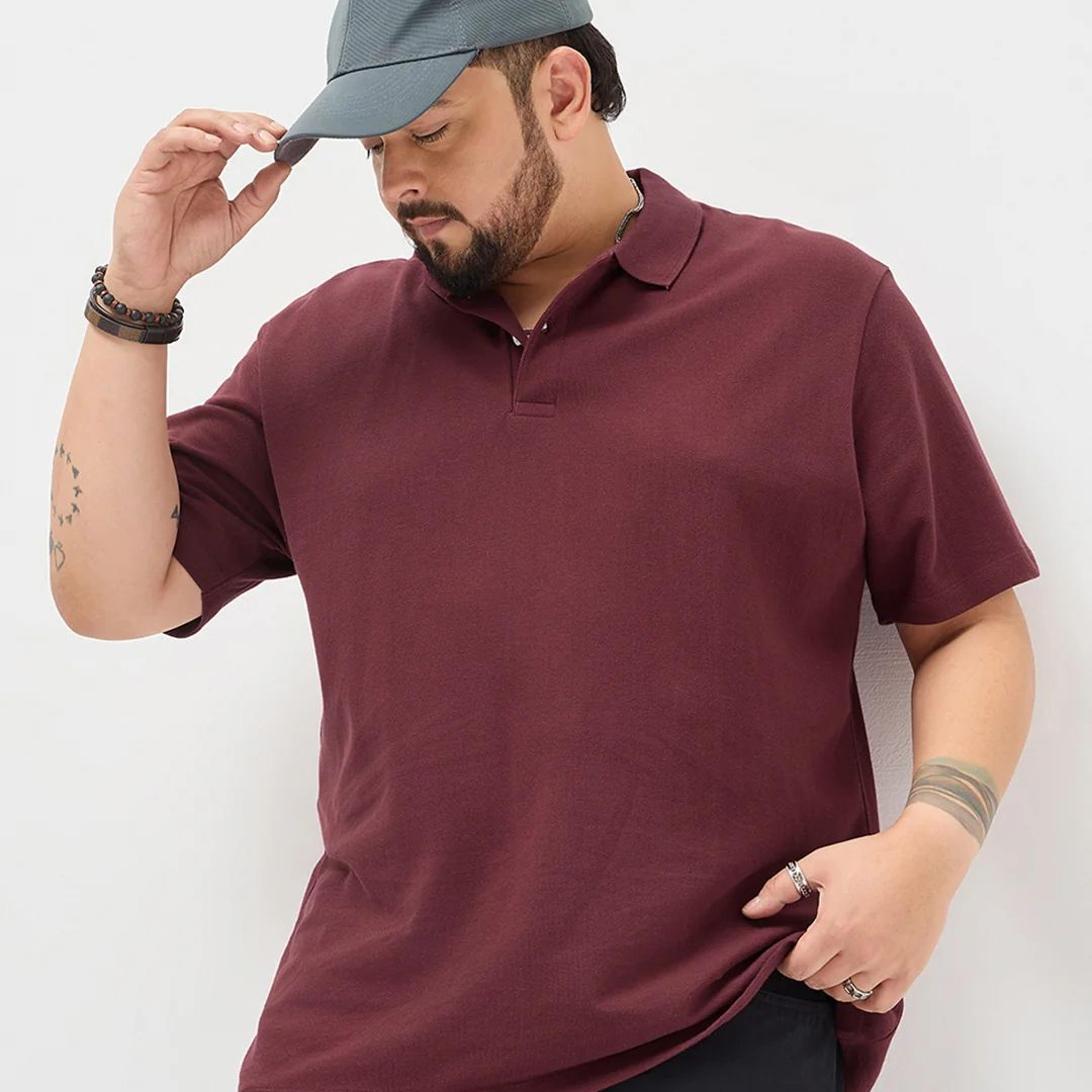 Plus Men's Maroon Solid Regular Fit Half Sleeve Cotton Polo T-Shirt