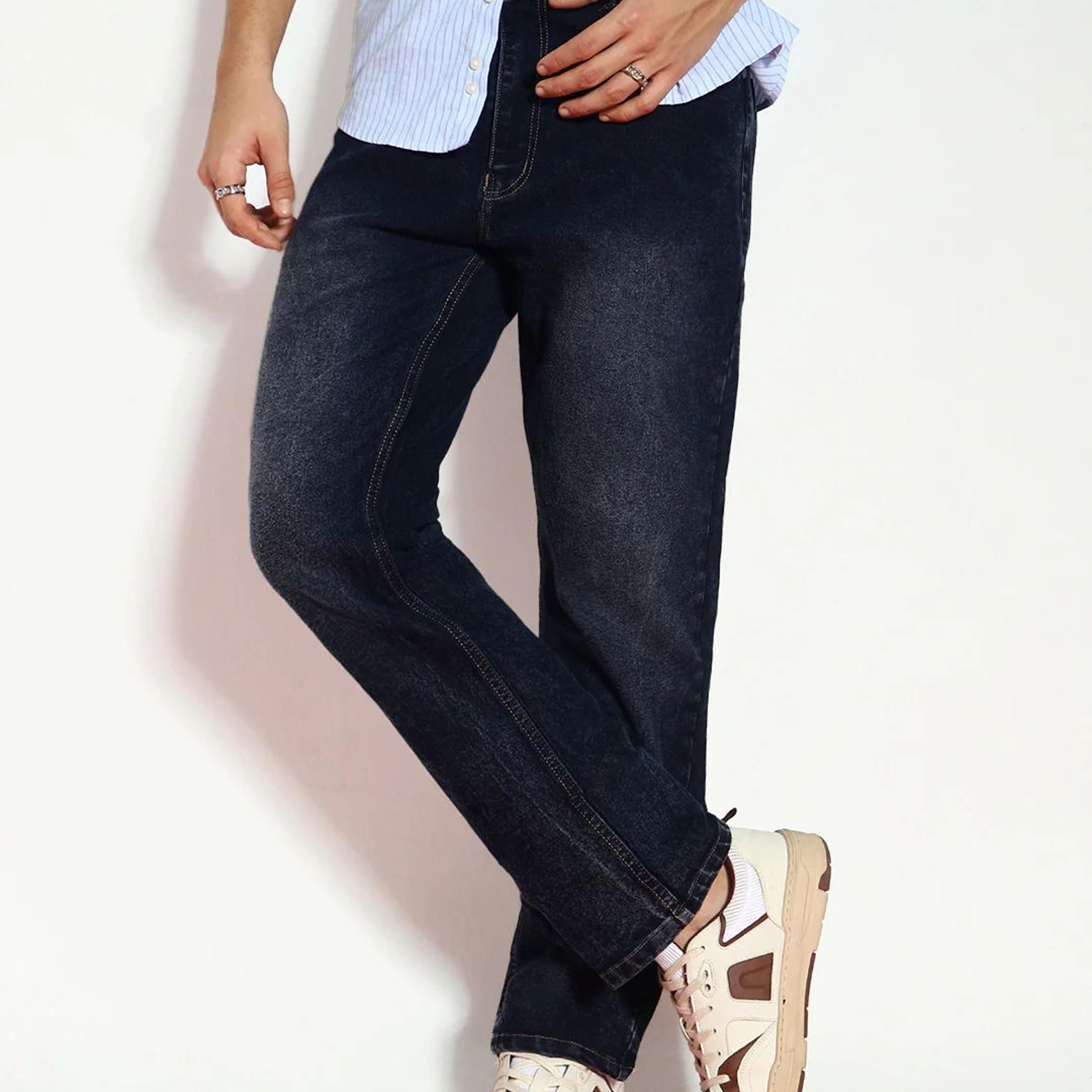 Men's Dark Grey Straight Fit Washed Jeans Stretchable