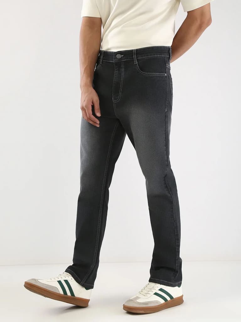 Men's Dark Grey Straight Fit Washed Jeans Stretchable — photo 2