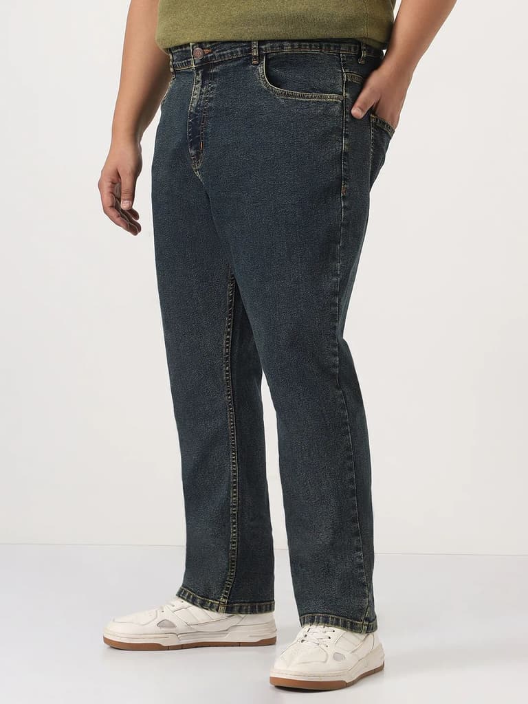 Plus Men's Blue Straight Fit Heavy Washed Jeans Stretchable — photo 2