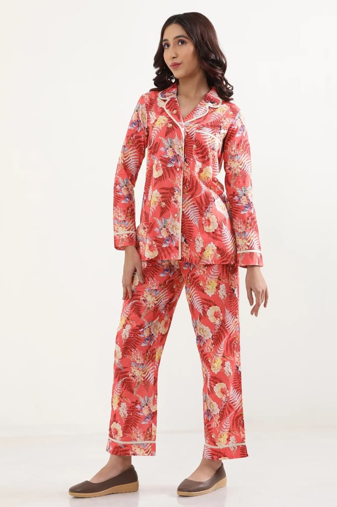 Red Floral Printed Wide Leg Cotton Palazzo With Elasticated Waist — photo 3