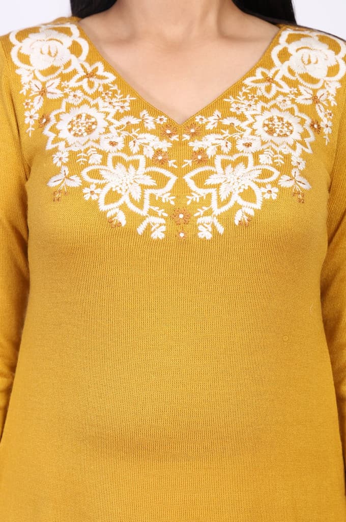 Mustard Embroidered A-Line Acrylic Winter Kurta — photo 3