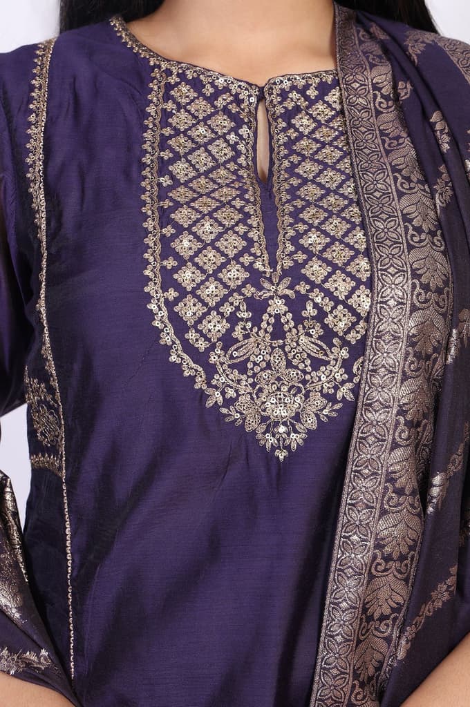 Purple Embroidered A-Line Chanderi Kurta with Flared Pant and Dupatta Set — photo 3