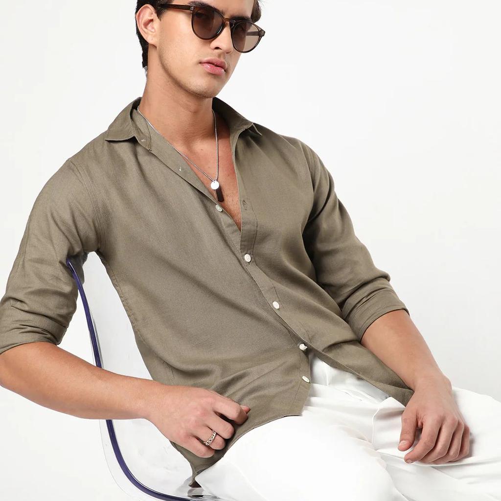 Men's Coffee Linen Blend Full Sleeve Relaxed Fit Casual Solid Shirt