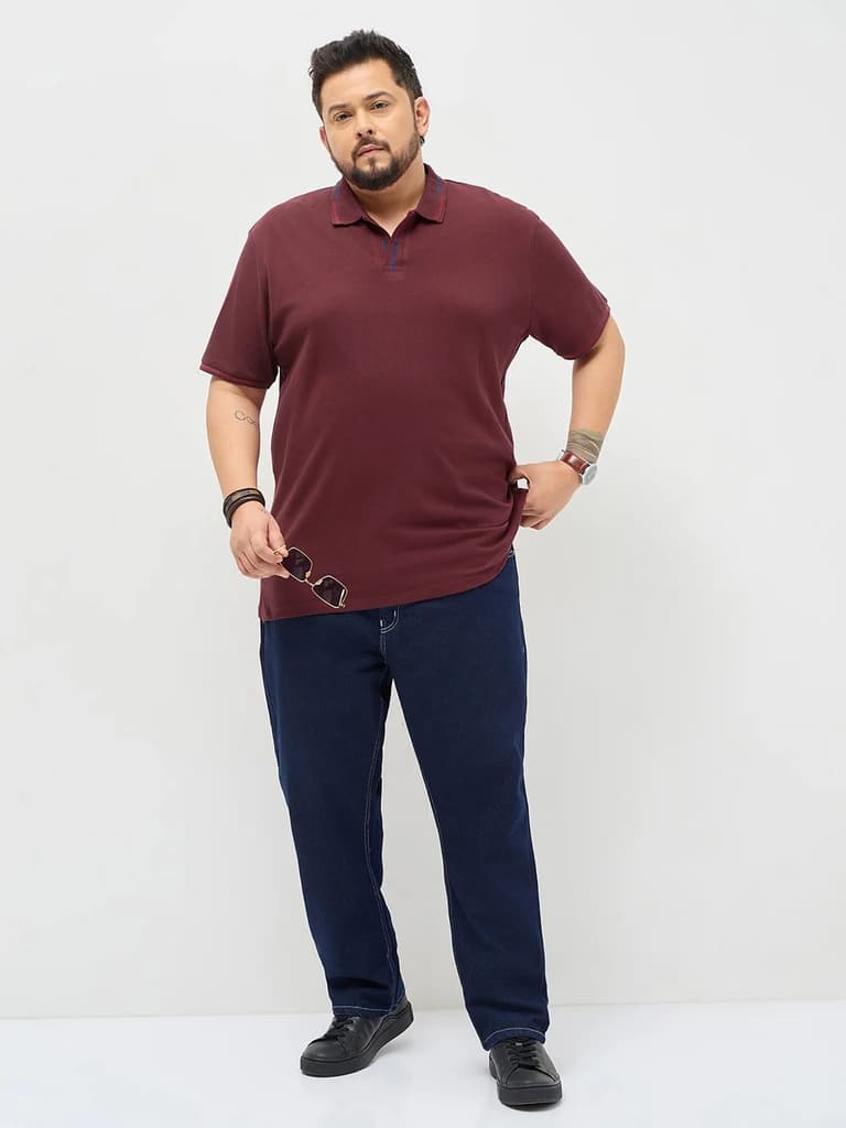 Plus Men's Maroon Solid Regular Fit Half Sleeve Cotton Polo T-Shirt — photo 4