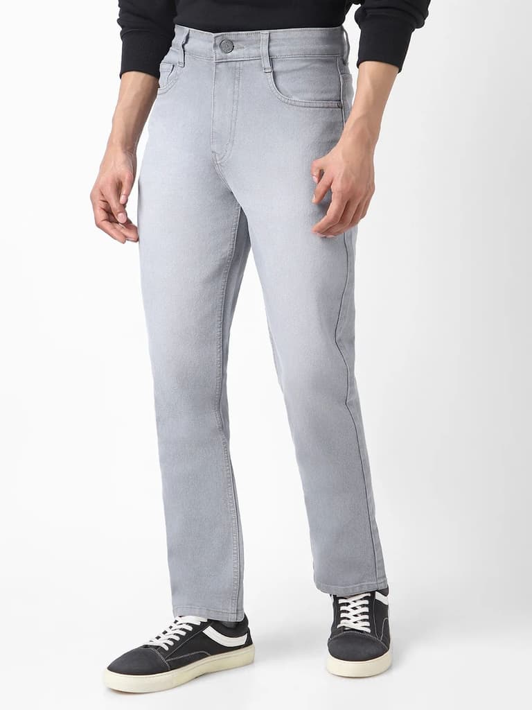 Men's Light Grey Straight Fit Washed Jeans Stretchable — photo 3