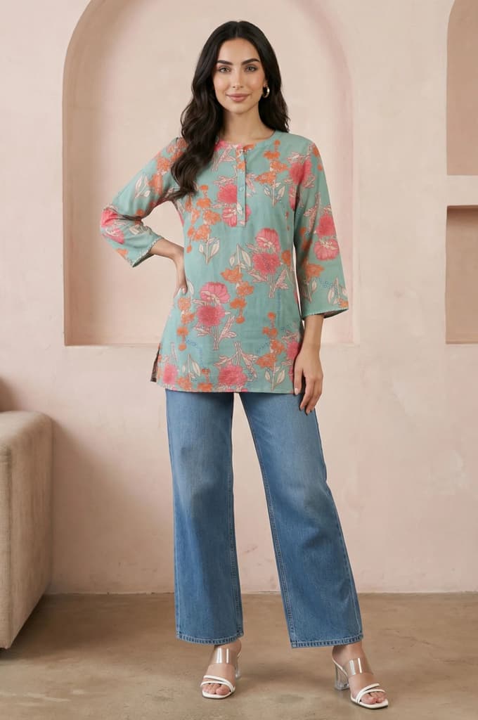 Sea Green Floral Printed Modal Straight Top — photo 3