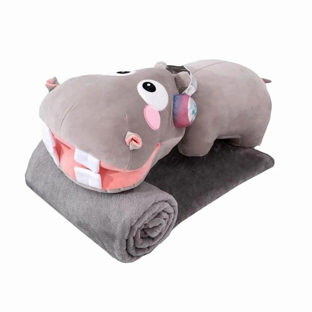 Hippo Plush Pillow with Blanket | Cute Collectibles for Kids — Gray